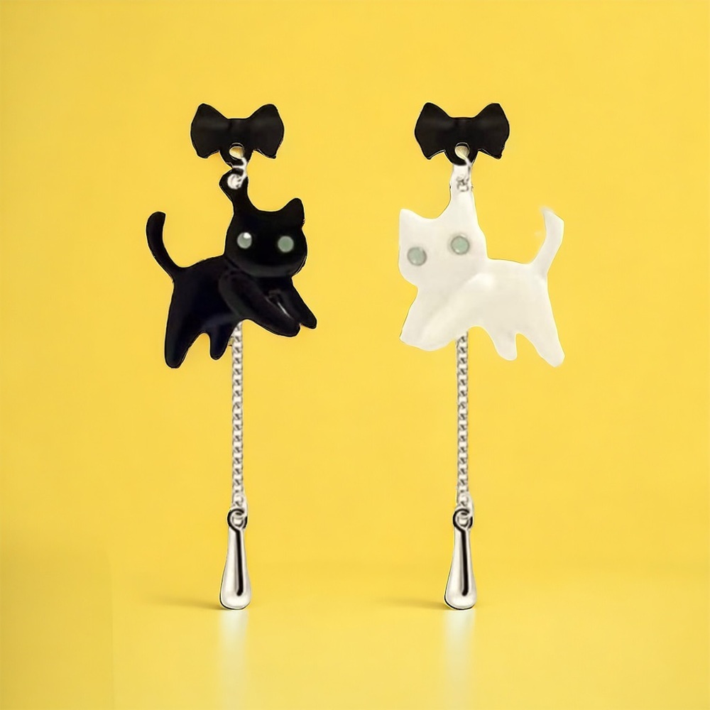 Bowknot Tassel Asymmetrical Cute‎ Black Cat Earrings Faux Fashion Jewelry